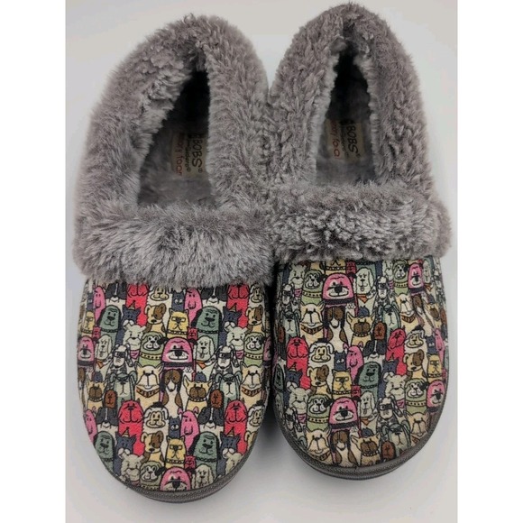 Skechers Shoes - Skechers BOBS Slippers Women 7.5 Dog Print Faux Fur Lined Memory Foam Cozy